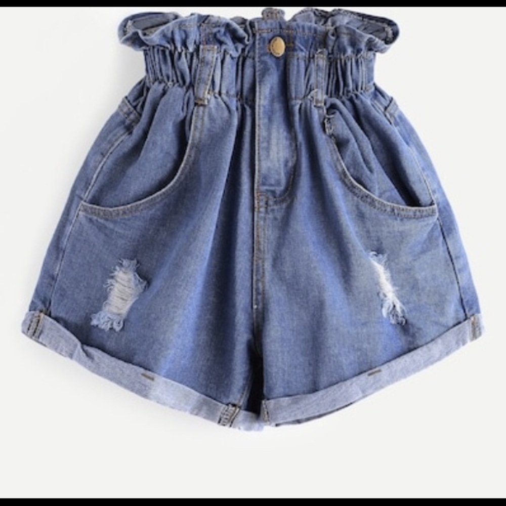 Ripped Elastic Waist Denim Shorts